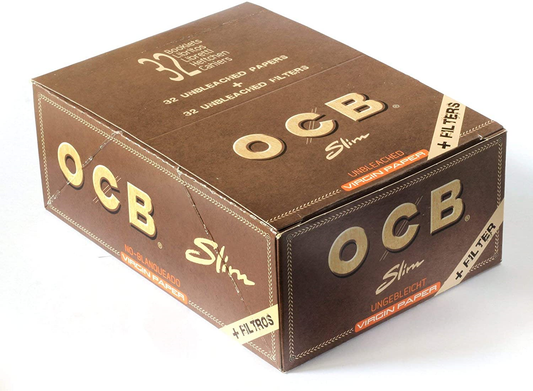 OCB Kingsize Slim Unbleached Papers with Tips Box of 32